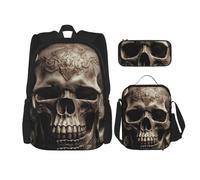 LZQPOEAS 3PCS Leather Rose Skull Backpack Sets with Insulated Lunch Bag Pencil Case, 17inch Lightweight Laptop Backpack Shoulder Lunch Box and Pencil Bag for Women Men Travel Bags