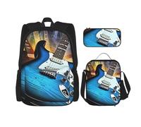 LZQPOEAS 3PCS Magic Electric Guitar Music Backpack Sets with Insulated Lunch Bag Pencil Case, 17inch Lightweight Laptop Backpack Shoulder Lunch Box and Pencil Bag for Women Men Travel Bags