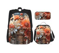 LZQPOEAS 3PCS Orange Flowers Backpack Sets with Insulated Lunch Bag Pencil Case, 17inch Lightweight Laptop Backpack Shoulder Lunch Box and Pencil Bag for Women Men Travel Bags