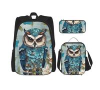 LZQPOEAS 3PCS Owl Spring Flowers Turquoise Backpack Sets with Insulated Lunch Bag Pencil Case, 17inch Lightweight Laptop Backpack Shoulder Lunch Box and Pencil Bag for Women Men Travel Bags