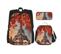 LZQPOEAS 3PCS Paris Eiffel Tower with Autumn Leaves Backpack Sets with Insulated Lunch Bag Pencil Case, 17inch Lightweight Laptop Backpack Shoulder Lunch Box and Pencil Bag for Women Men Travel Bags