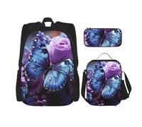 LZQPOEAS 3PCS Purple rose with beautiful butterfly Backpack Sets with Insulated Lunch Bag Pencil Case, 17inch Lightweight Laptop Backpack Shoulder Lunch Box and Pencil Bag for Women Men Travel Bags
