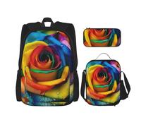 LZQPOEAS 3PCS Rainbow Rose Backpack Sets with Insulated Lunch Bag Pencil Case, 17inch Lightweight Laptop Backpack Shoulder Lunch Box and Pencil Bag for Women Men Travel Bags