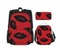 LZQPOEAS 3PCS Red and black lips Backpack Sets with Insulated Lunch Bag Pencil Case, 17inch Lightweight Laptop Backpack Shoulder Lunch Box and Pencil Bag for Women Men Travel Bags