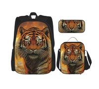 LZQPOEAS 3PCS Rising Sun Tiger Backpack Sets with Insulated Lunch Bag Pencil Case, 17inch Lightweight Laptop Backpack Shoulder Lunch Box and Pencil Bag for Women Men Travel Bags