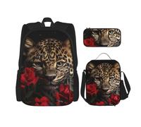 LZQPOEAS 3PCS Rose Leopard Backpack Sets with Insulated Lunch Bag Pencil Case, 17inch Lightweight Laptop Backpack Shoulder Lunch Box and Pencil Bag for Women Men Travel Bags