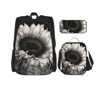 LZQPOEAS 3PCS Sunflower Black Grey Backpack Sets with Insulated Lunch Bag Pencil Case, 17inch Lightweight Laptop Backpack Shoulder Lunch Box and Pencil Bag for Women Men Travel Bags