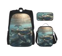 LZQPOEAS 3PCS Sunny Sea Turtle Backpack Sets with Insulated Lunch Bag Pencil Case, 17inch Lightweight Laptop Backpack Shoulder Lunch Box and Pencil Bag for Women Men Travel Bags
