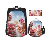 LZQPOEAS 3PCS Sweet Candy Backdrop Backpack Sets with Insulated Lunch Bag Pencil Case, 17inch Lightweight Laptop Backpack Shoulder Lunch Box and Pencil Bag for Women Men Travel Bags