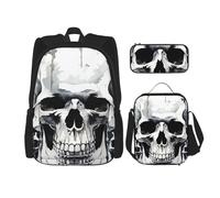 LZQPOEAS 3PCS White and gray skull graphics Backpack Sets with Insulated Lunch Bag Pencil Case, 17inch Lightweight Laptop Backpack Shoulder Lunch Box and Pencil Bag for Women Men Travel Bags