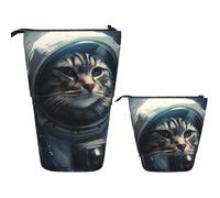 LZQPOEAS Astronaut cat in space Pencil Case Telescopic Pen Pouch Standing Pencil Bag Pop Up Pencil Holder With Zipper Travel Coin Pouch Purse Portable Makeup Bag for Office Holiday Gift