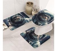 LZQPOEAS Astronaut cat in Space Print Bathroom Rug Set 3 Piece Includes Non Slip Bath Mat, Contour Mat and Toilet Lid Cover Ultra Soft Microfiber Bathroom Floor Mats Set