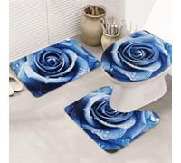 LZQPOEAS Beautiful Blue Rose Illustration Print Bathroom Rug Set 3 Piece Includes Non Slip Bath Mat, Contour Mat and Toilet Lid Cover Ultra Soft Microfiber Bathroom Floor Mats Set