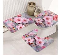 LZQPOEAS Beautiful Flower Print Bathroom Rug Set 3 Piece Includes Non Slip Bath Mat, Contour Mat and Toilet Lid Cover Ultra Soft Microfiber Bathroom Floor Mats Set