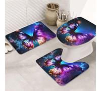 LZQPOEAS Beautiful Glowing Butterfly Print Bathroom Rug Set 3 Piece Includes Non Slip Bath Mat, Contour Mat and Toilet Lid Cover Ultra Soft Microfiber Bathroom Floor Mats Set