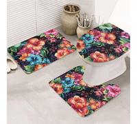 LZQPOEAS Beautiful Hibiscus Flower Print Bathroom Rug Set 3 Piece Includes Non Slip Bath Mat, Contour Mat and Toilet Lid Cover Ultra Soft Microfiber Bathroom Floor Mats Set