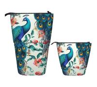 LZQPOEAS Beautiful Peacock Flowers Pencil Case Telescopic Pen Pouch Standing Pencil Bag Pop Up Pencil Holder With Zipper Travel Coin Pouch Purse Portable Makeup Bag for Office Holiday Gift
