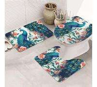 LZQPOEAS Beautiful Peacock Flowers Print Bathroom Rug Set 3 Piece Includes Non Slip Bath Mat, Contour Mat and Toilet Lid Cover Ultra Soft Microfiber Bathroom Floor Mats Set
