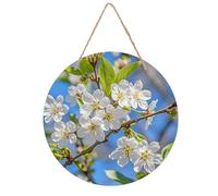 LZQPOEAS Beautiful Spring Cherry Blossoms Wall Art Decor Round Wood Hanging Sign Rustic Vintage Wooden Door Hanger with Ropes Decorative Plaque Welcome Sign for Home Indoor Outdoor, 7.9x7.9 in