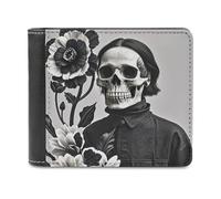 LZQPOEAS Black And White Flowers And Skull Bifold Wallet for Women Men Slim Wallet Small Billfold Minimalist Front Pocket Thin PU Leather Card Holder
