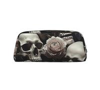 LZQPOEAS Black and White Flowers and Skull Pencil Case Leather Pen Bag Travel Makeup Bag Zipper Organizer Bag for Women Men