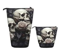 LZQPOEAS Black and White Flowers and Skull Pencil Case Telescopic Pen Pouch Standing Pencil Bag Pop Up Pencil Holder With Zipper Travel Coin Pouch Purse Portable Makeup Bag for Office Holiday Gift