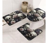 LZQPOEAS Black and White Flowers and Skull Print Bathroom Rug Set 3 Piece Includes Non Slip Bath Mat, Contour Mat and Toilet Lid Cover Ultra Soft Microfiber Bathroom Floor Mats Set
