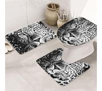 LZQPOEAS Black and White Leopard face Print Bathroom Rug Set 3 Piece Includes Non Slip Bath Mat, Contour Mat and Toilet Lid Cover Ultra Soft Microfiber Bathroom Floor Mats Set