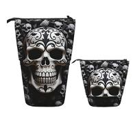 LZQPOEAS Black and white skulls Pencil Case Telescopic Pen Pouch Standing Pencil Bag Pop Up Pencil Holder With Zipper Travel Coin Pouch Purse Portable Makeup Bag for Office Holiday Gift