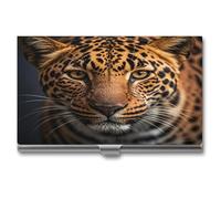 LZQPOEAS Black & Brown Leopard Business Card Holder for Men Women Professional Stainless Steel Card Case Slim Flip Cover Purse Name Cards Holder Multi Aluminum Business Cards Wallet for Office