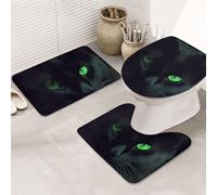 LZQPOEAS Black cat Green Eyes Print Bathroom Rug Set 3 Piece Includes Non Slip Bath Mat, Contour Mat and Toilet Lid Cover Ultra Soft Microfiber Bathroom Floor Mats Set