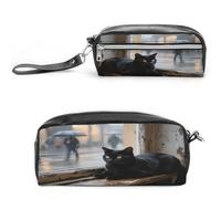LZQPOEAS Black Cat Pen Case Cosmetic Makeup Bag PU Leather Cosmetic Pencil Bags Small Soft Makeup Pouch with Zipper Waterproof Makeup Brush Holder for Women Men Office