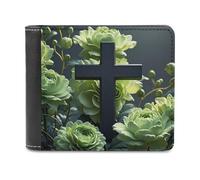 LZQPOEAS Black Cross Among Green Flowers Bifold Wallet for Women Men Slim Wallet Small Billfold Minimalist Front Pocket Thin PU Leather Card Holder