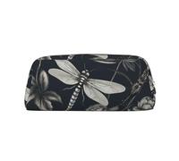 LZQPOEAS Black flowers and dragonfly Pencil Case Leather Pen Bag Travel Makeup Bag Zipper Organizer Bag for Women Men