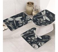 LZQPOEAS Black Flowers and Dragonfly Print Bathroom Rug Set 3 Piece Includes Non Slip Bath Mat, Contour Mat and Toilet Lid Cover Ultra Soft Microfiber Bathroom Floor Mats Set