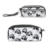 LZQPOEAS Black Skull Pattern on White Background Pen Case Cosmetic Makeup Bag PU Leather Cosmetic Pencil Bags Small Soft Makeup Pouch with Zipper Waterproof Makeup Brush Holder for Women Men Office