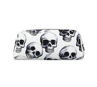 LZQPOEAS Black skull pattern on white background Pencil Case Leather Pen Bag Travel Makeup Bag Zipper Organizer Bag for Women Men