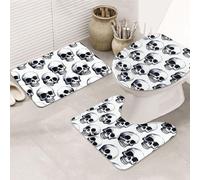 LZQPOEAS Black Skull Pattern on White Background Print Bathroom Rug Set 3 Piece Includes Non Slip Bath Mat, Contour Mat and Toilet Lid Cover Ultra Soft Microfiber Bathroom Floor Mats Set