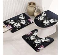 LZQPOEAS Black White Butterfly Print Bathroom Rug Set 3 Piece Includes Non Slip Bath Mat, Contour Mat and Toilet Lid Cover Ultra Soft Microfiber Bathroom Floor Mats Set