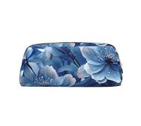 LZQPOEAS Blooming blue flowers Pencil Case Leather Pen Bag Travel Makeup Bag Zipper Organizer Bag for Women Men