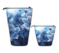 LZQPOEAS Blooming blue flowers Pencil Case Telescopic Pen Pouch Standing Pencil Bag Pop Up Pencil Holder With Zipper Travel Coin Pouch Purse Portable Makeup Bag for Office Holiday Gift