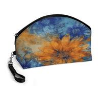 LZQPOEAS Blue And Orange Flowers Makeup Bag Large Capacity Cosmetic Bag for Women Portable Toiletry Bags for Skincare Water-resistant Cosmetic Case PU Leather Travel Cosmetic Organizer