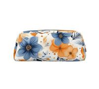 LZQPOEAS Blue and orange flowers on white background Pencil Case Leather Pen Bag Travel Makeup Bag Zipper Organizer Bag for Women Men