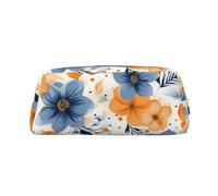 LZQPOEAS Blue and orange flowers on white background Pencil Case Leather Pen Bag Travel Makeup Bag Zipper Organizer Bag for Women Men