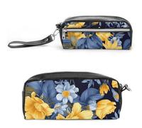 LZQPOEAS Blue Base Yellow Floral Slim Single Piece Design Makeup Bag Multi-purpose Single Piece Cosmetic Pouch Small Cosmetic Pouch Lightweight Travel Small Cosmetic Bag