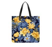 LZQPOEAS Blue Base Yellow Floral Tote Bag with Magnetic Buckle Reusable Grocery Bags Lightweight Cross Body Handbag for Daily Essentials