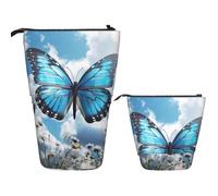 LZQPOEAS blue butterfly and Clouds Pencil Case Telescopic Pen Pouch Standing Pencil Bag Pop Up Pencil Holder With Zipper Travel Coin Pouch Purse Portable Makeup Bag for Office Holiday Gift