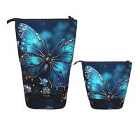 LZQPOEAS Blue Butterfly and Moon Pencil Case Telescopic Pen Pouch Standing Pencil Bag Pop Up Pencil Holder With Zipper Travel Coin Pouch Purse Portable Makeup Bag for Office Holiday Gift