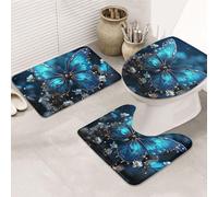 LZQPOEAS Blue Butterfly and Moon Print Bathroom Rug Set 3 Piece Includes Non Slip Bath Mat, Contour Mat and Toilet Lid Cover Ultra Soft Microfiber Bathroom Floor Mats Set