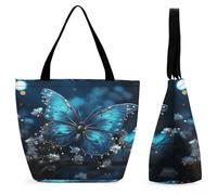 LZQPOEAS Blue Butterfly And Moon Tote Bag for Women Lightweight Casual Shoulder Bag Reusable Grocery Shopping Bag Large Capacity Everyday Handbag for Travel Work Gym Office Daily Use